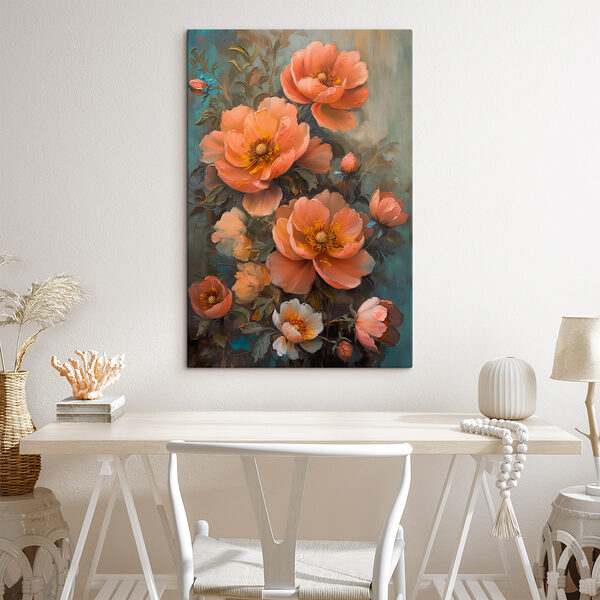 A painting of flowers on a blue background