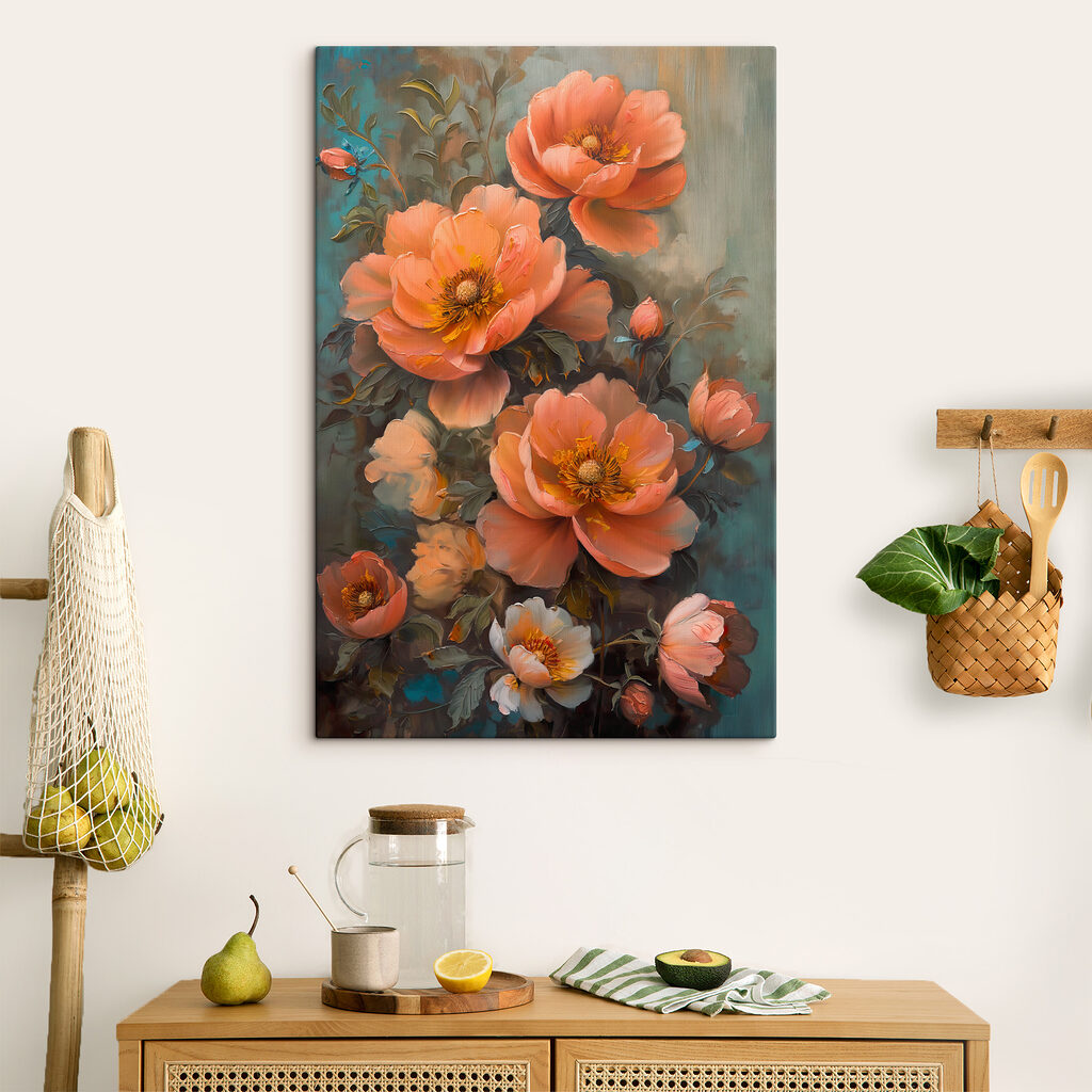 A painting of flowers on a blue background