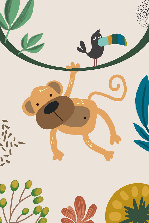 A monkey and bird on a branch