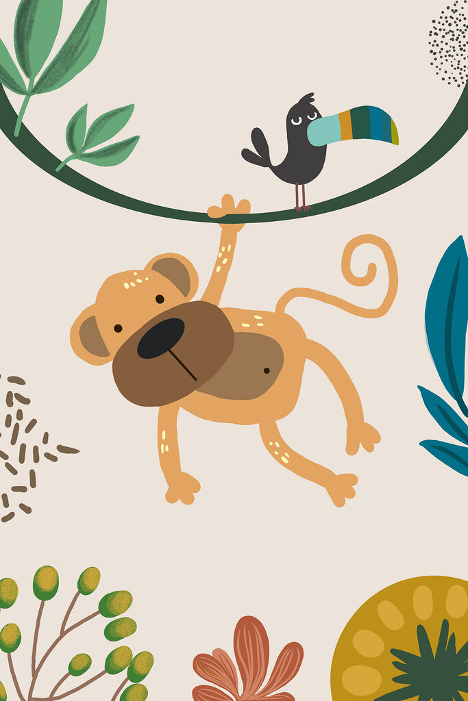 A monkey and bird on a branch