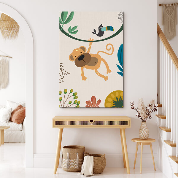 A monkey and bird on a branch