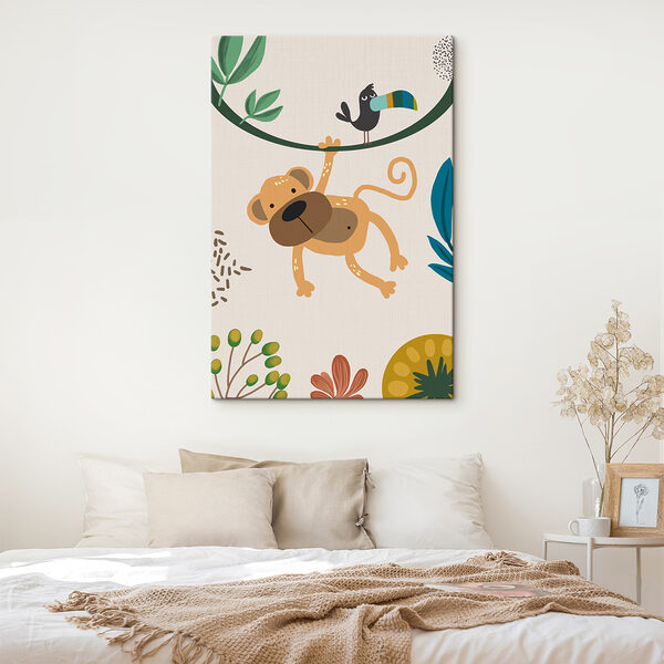 A monkey and bird on a branch
