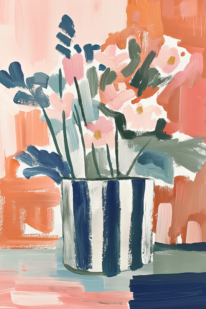 A painting of flowers in a striped pot A painting of flowers in a striped pot