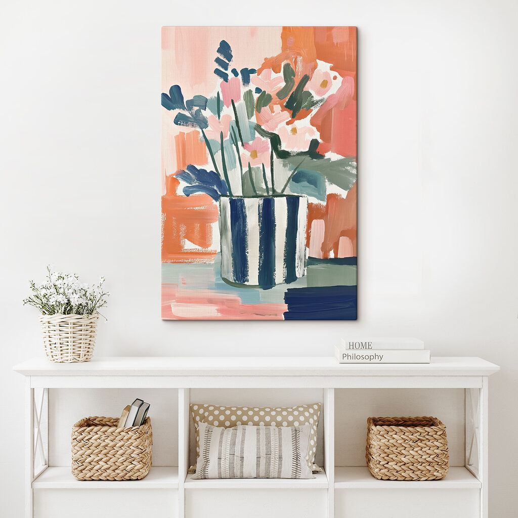 A painting of flowers in a striped pot A painting of flowers in a striped pot