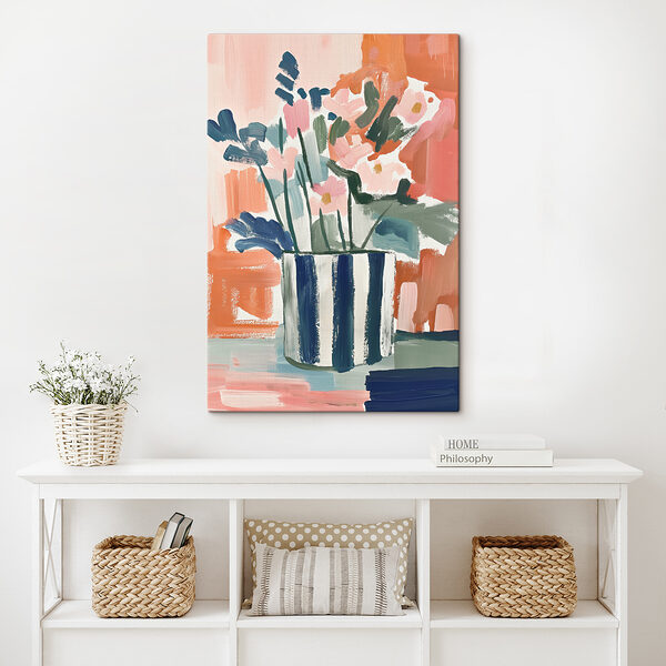 A painting of flowers in a striped pot A painting of flowers in a striped pot