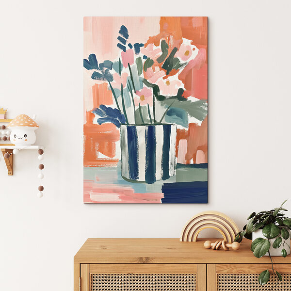 A painting of flowers in a striped pot A painting of flowers in a striped pot