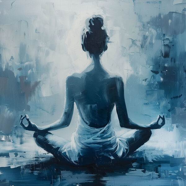 A painting of a woman sitting in a lotus pose