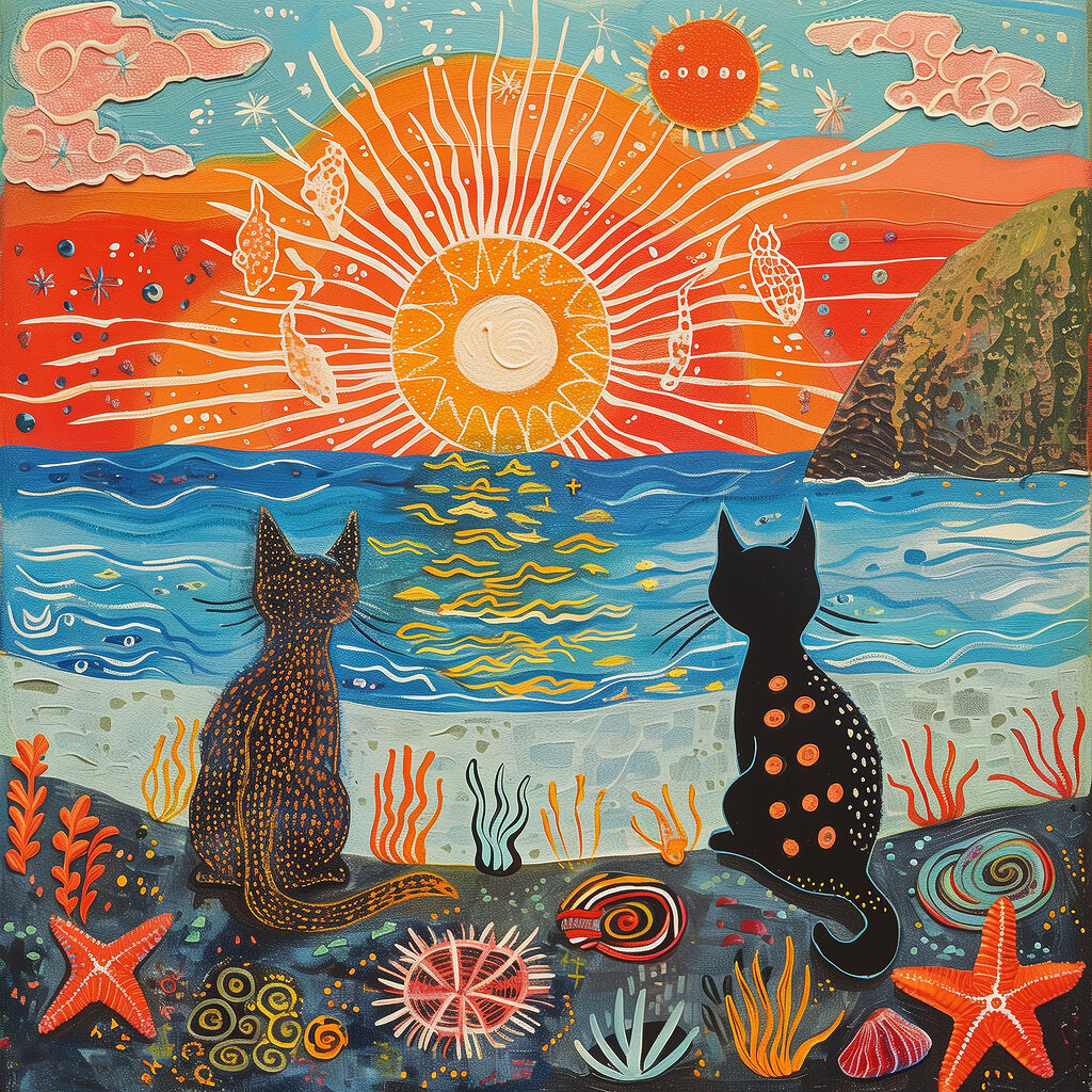 Two cats sitting on a beach looking at the sun Two cats sitting on a beach looking at the sun
