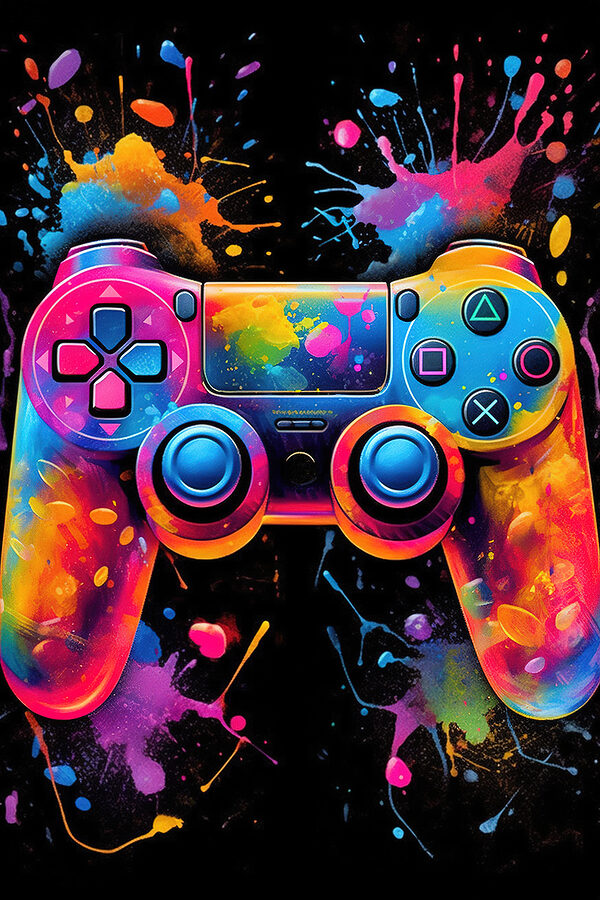 A video game controller with colorful paint splatters A video game controller with colorful paint splatters