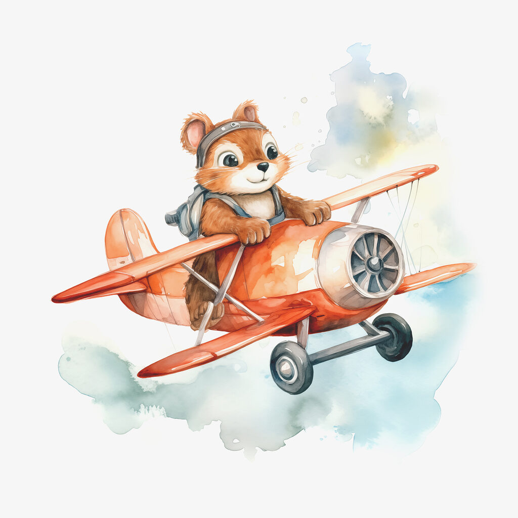 A watercolor of a squirrel flying on an airplane A watercolor of a squirrel flying on an airplane