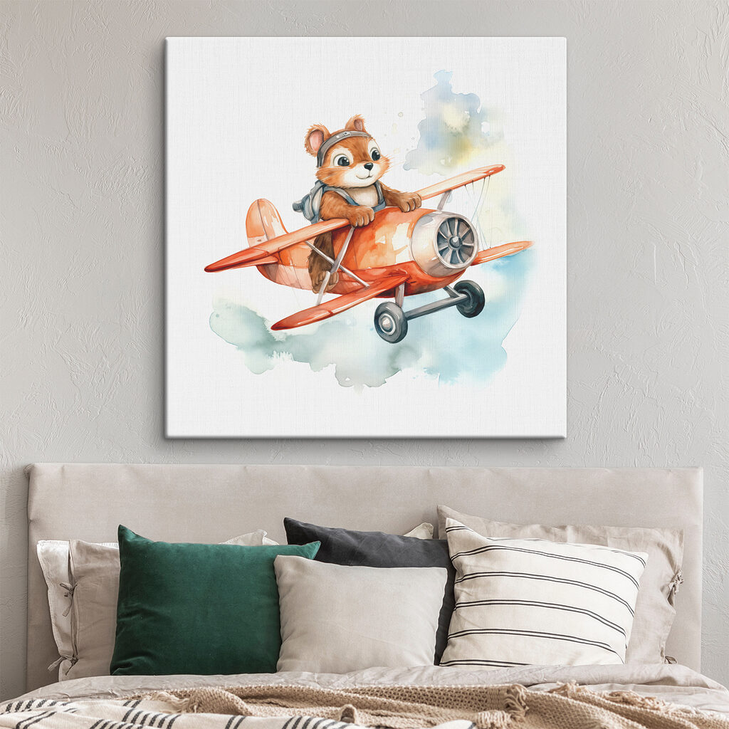 A watercolor of a squirrel flying on an airplane A watercolor of a squirrel flying on an airplane