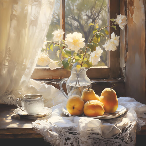 A plate of fruit and a cup on a table next to a vase of flowers