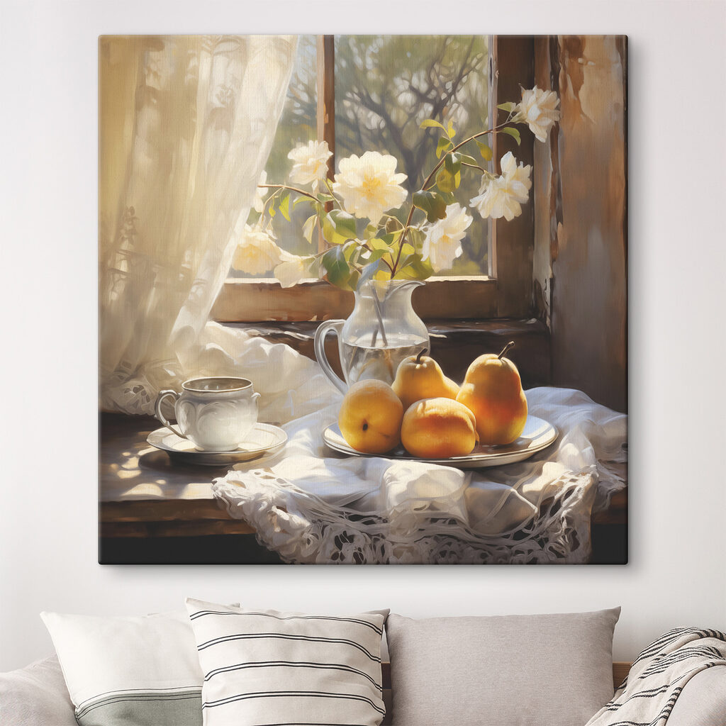 A plate of fruit and a cup on a table next to a vase of flowers