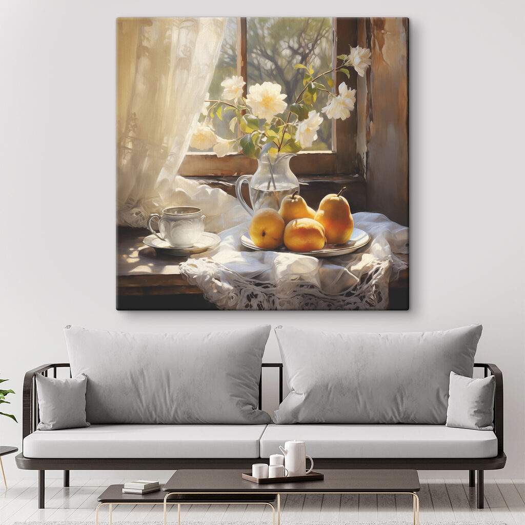 A plate of fruit and a cup on a table next to a vase of flowers