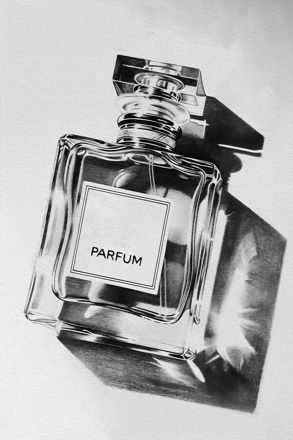 A black and white photo of a bottle of perfume