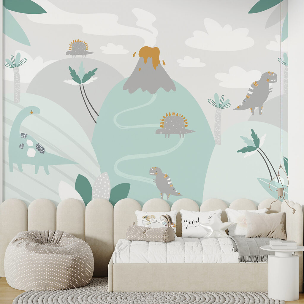 A cartoon dinosaur with a volcano and plants