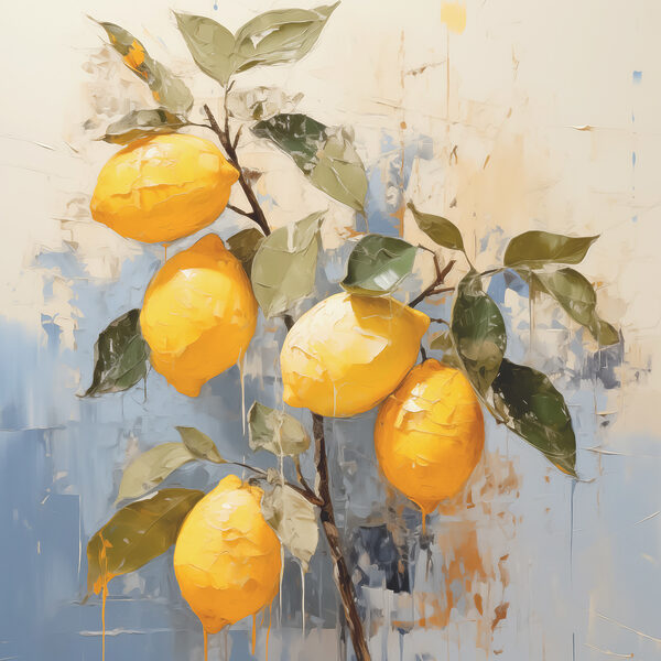 A painting of lemons on a branch