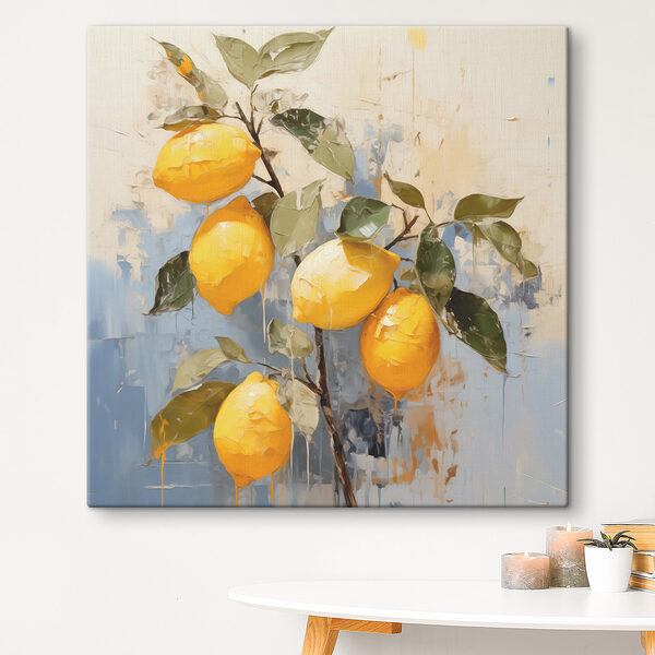 A painting of lemons on a branch