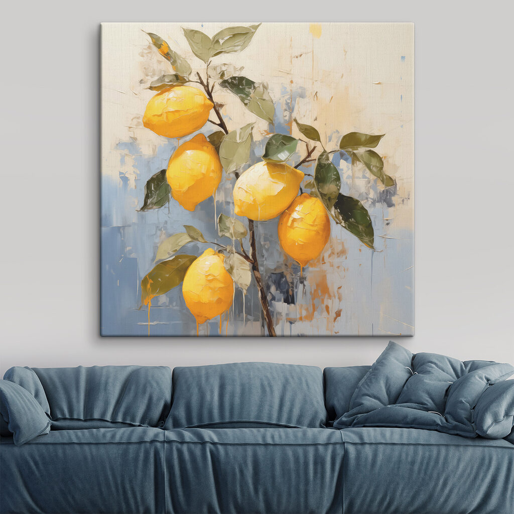 A painting of lemons on a branch