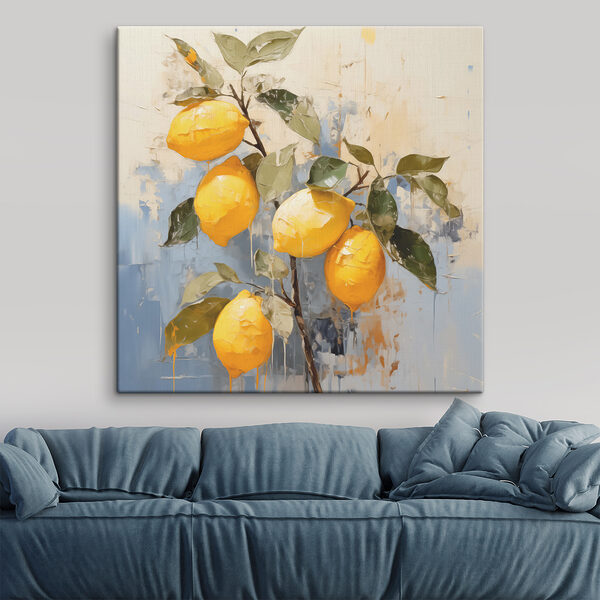 A painting of lemons on a branch