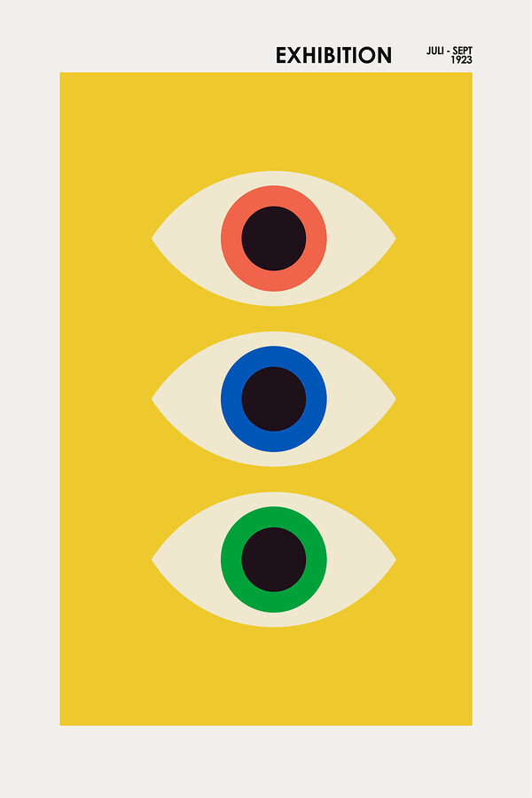 A yellow rectangular object with multi colored eyes A yellow rectangular object with multi colored eyes
