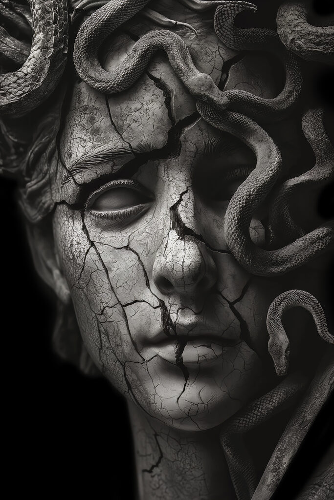 A statue of a woman with a cracked face and snakes around her face