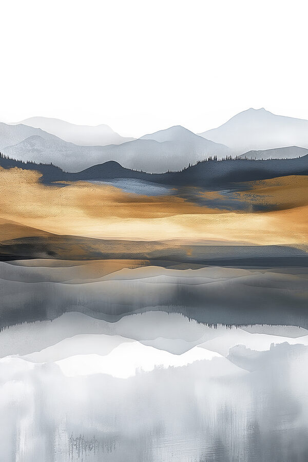 A watercolor painting of mountains and a lake