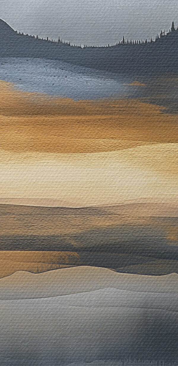A watercolor painting of mountains and a lake