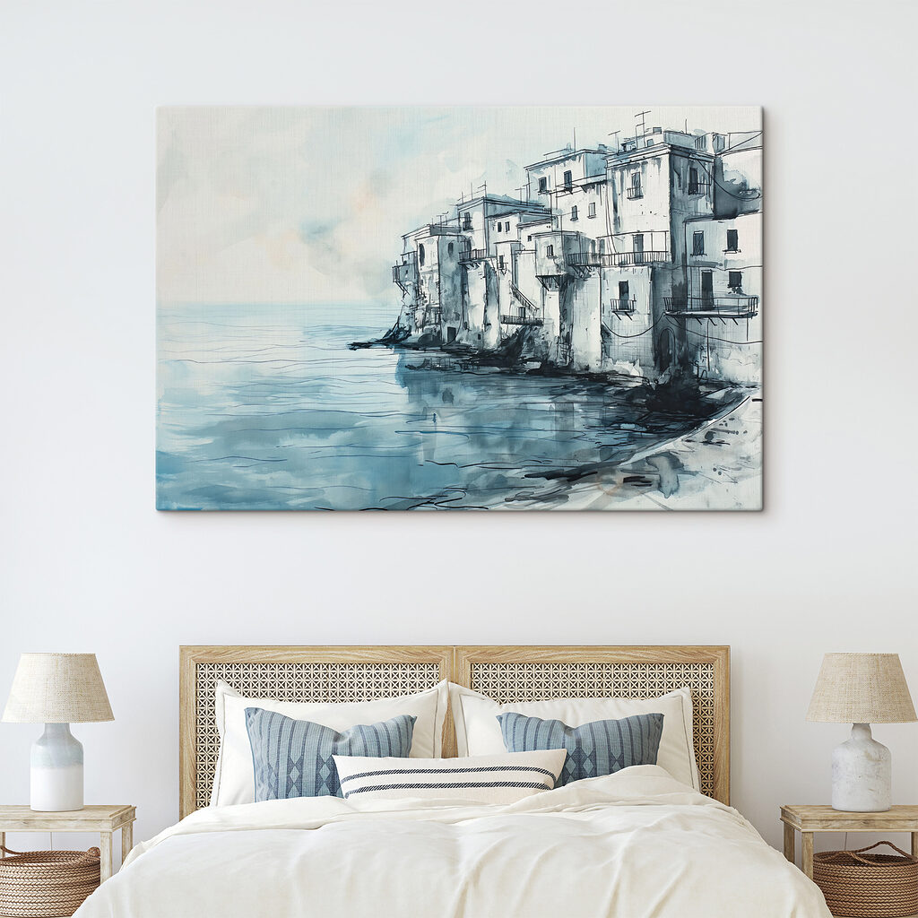 A watercolor of a building next to a body of water