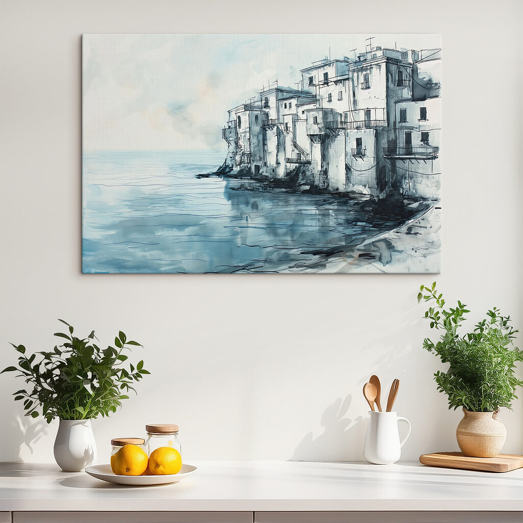 A watercolor of a building next to a body of water