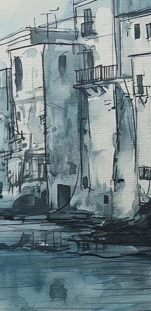 A watercolor of a building next to a body of water