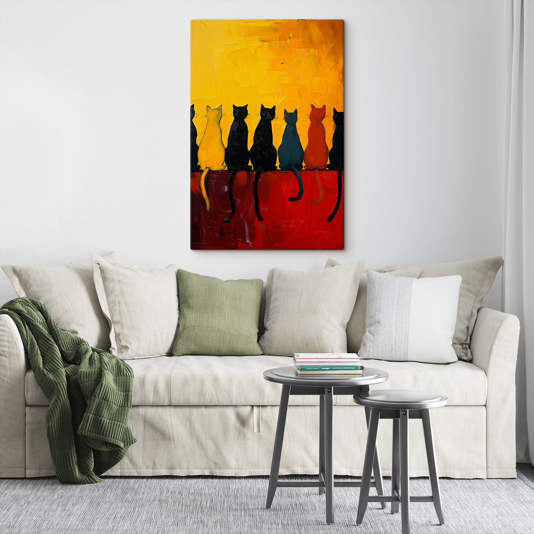 A group of cats sitting on a red surface