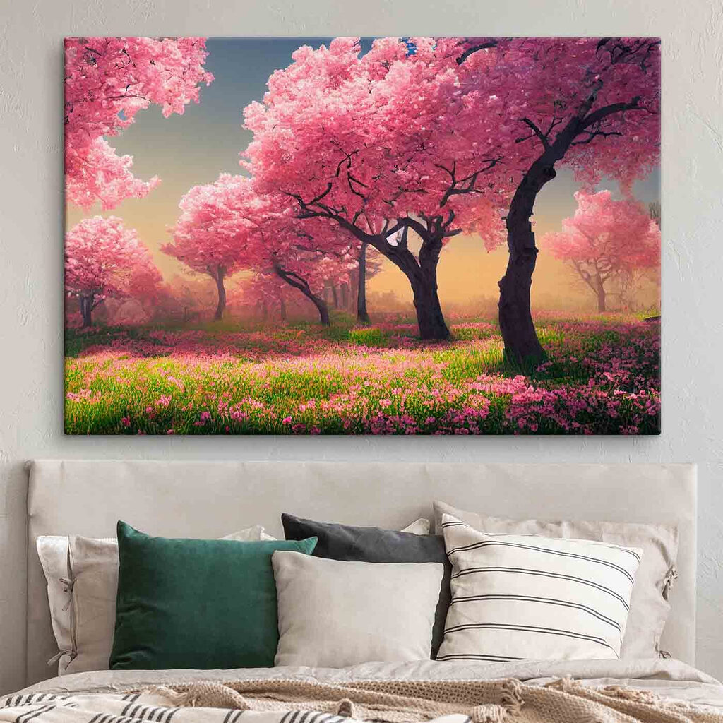 A field of pink flowers with trees A field of pink flowers with trees