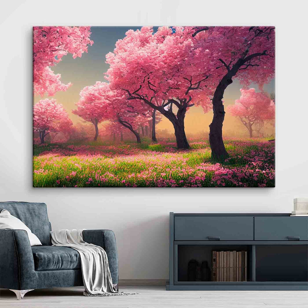 A field of pink flowers with trees A field of pink flowers with trees