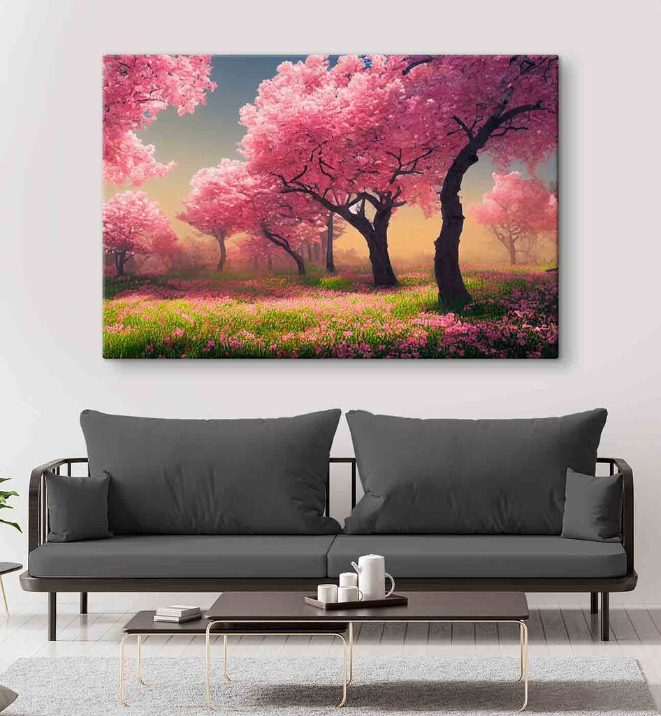 A field of pink flowers with trees A field of pink flowers with trees