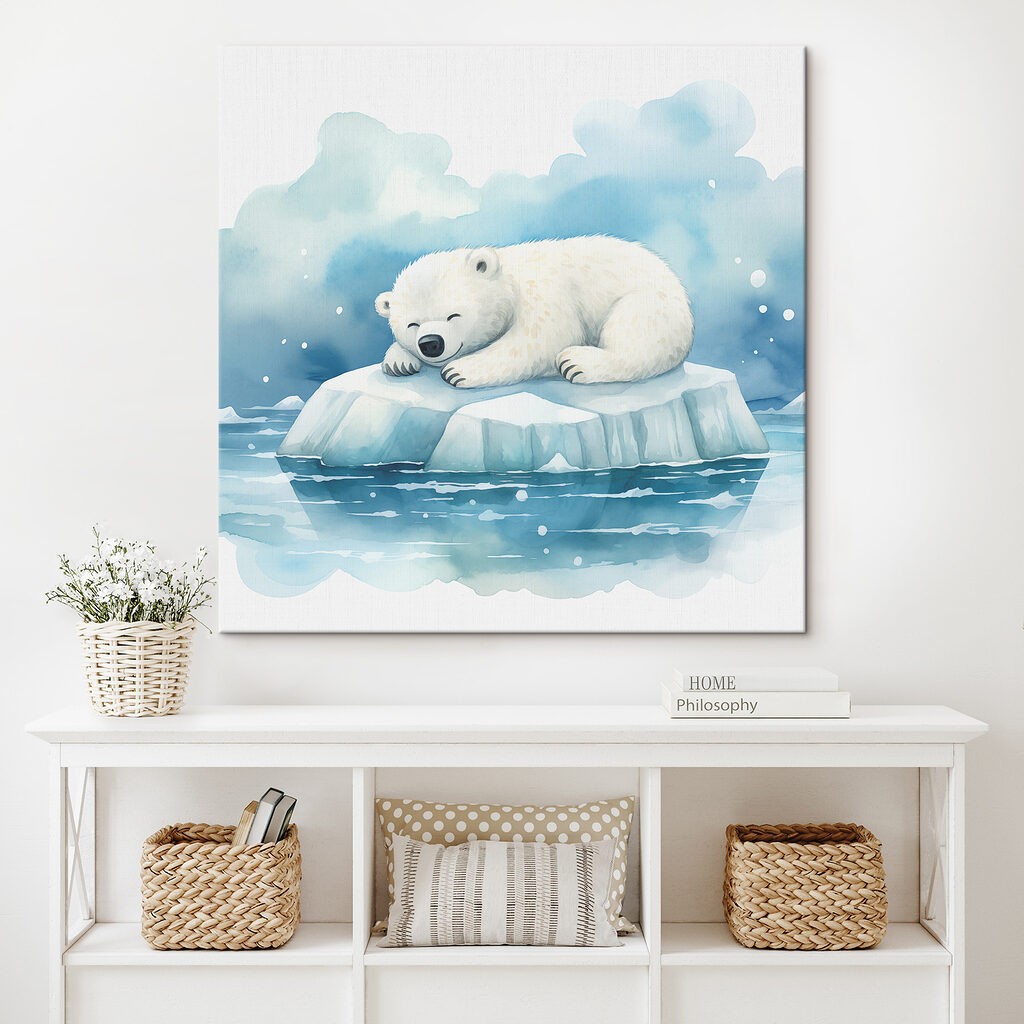 A polar bear lying on an iceberg in water A polar bear lying on an iceberg in water