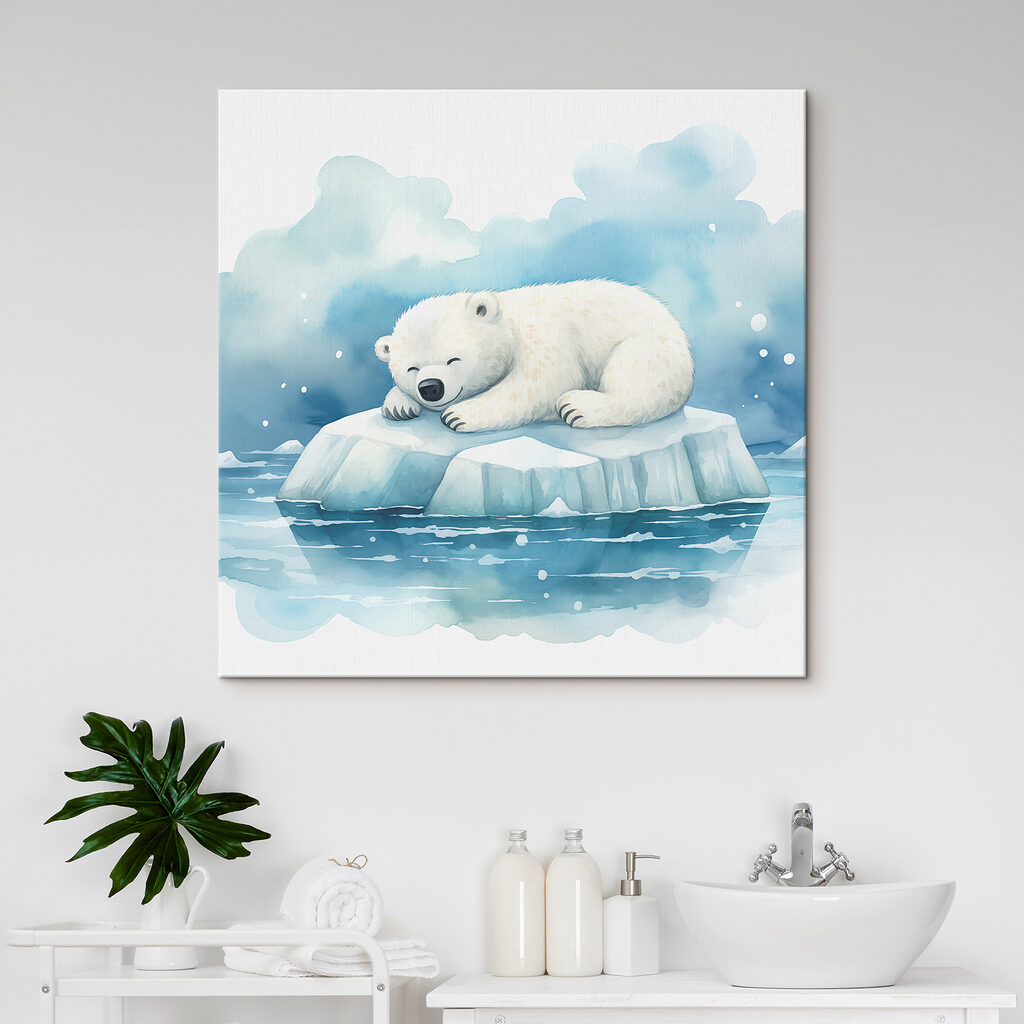 A polar bear lying on an iceberg in water A polar bear lying on an iceberg in water