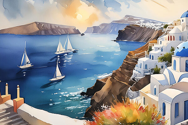 A painting of a sea with boats and buildings