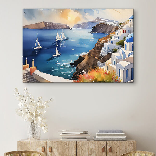 A painting of a sea with boats and buildings