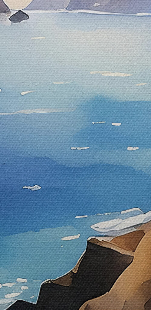 A painting of a sea with boats and buildings