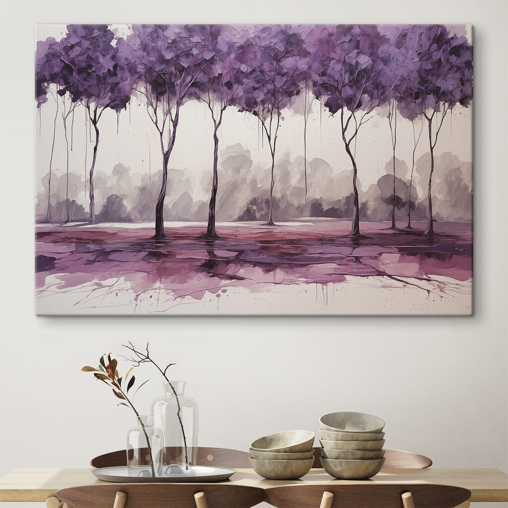 A painting of trees with purple leaves