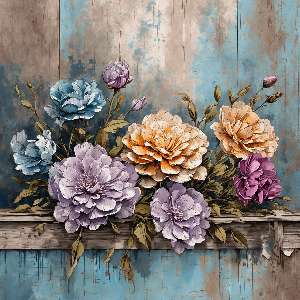 A painting of flowers on a wood ledge