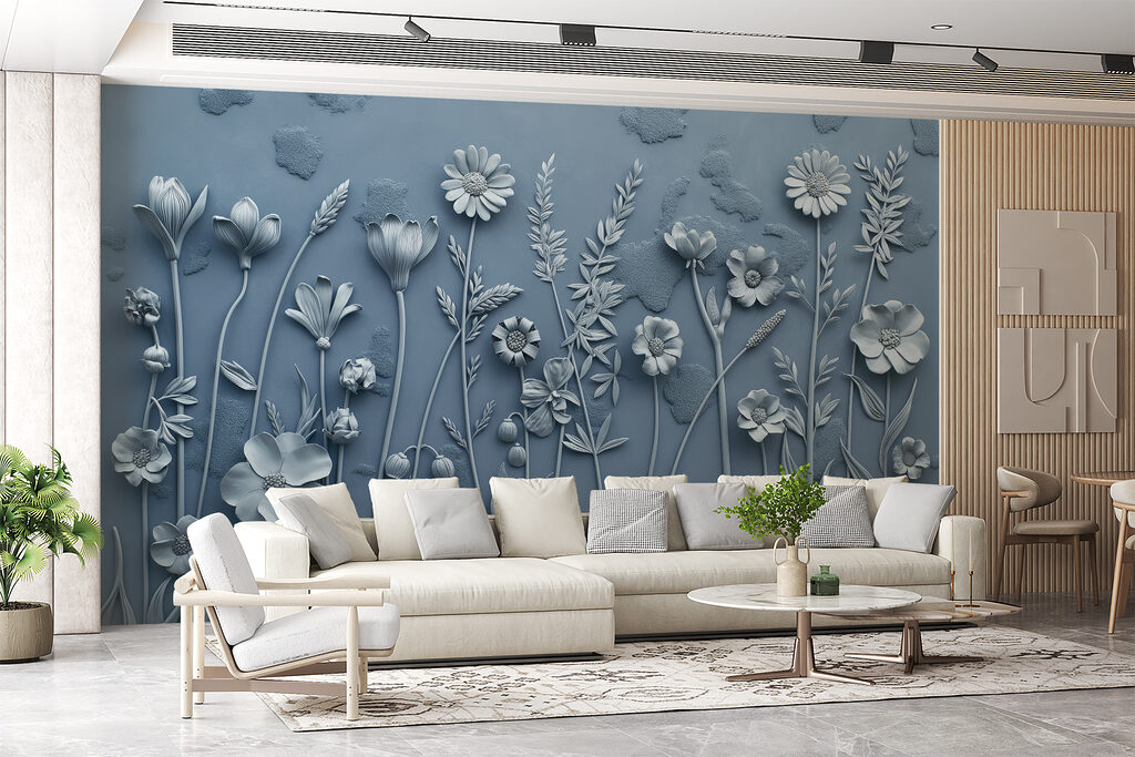 A grey wall with flowers and leaves A grey wall with flowers and leaves