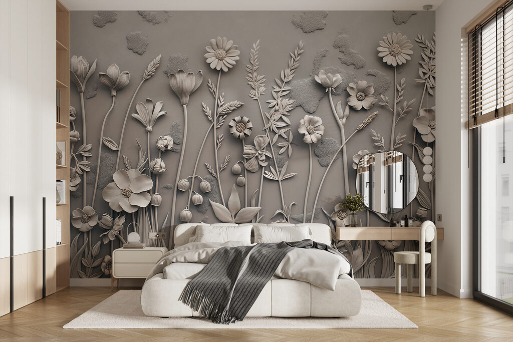 A wall art with flowers and plants