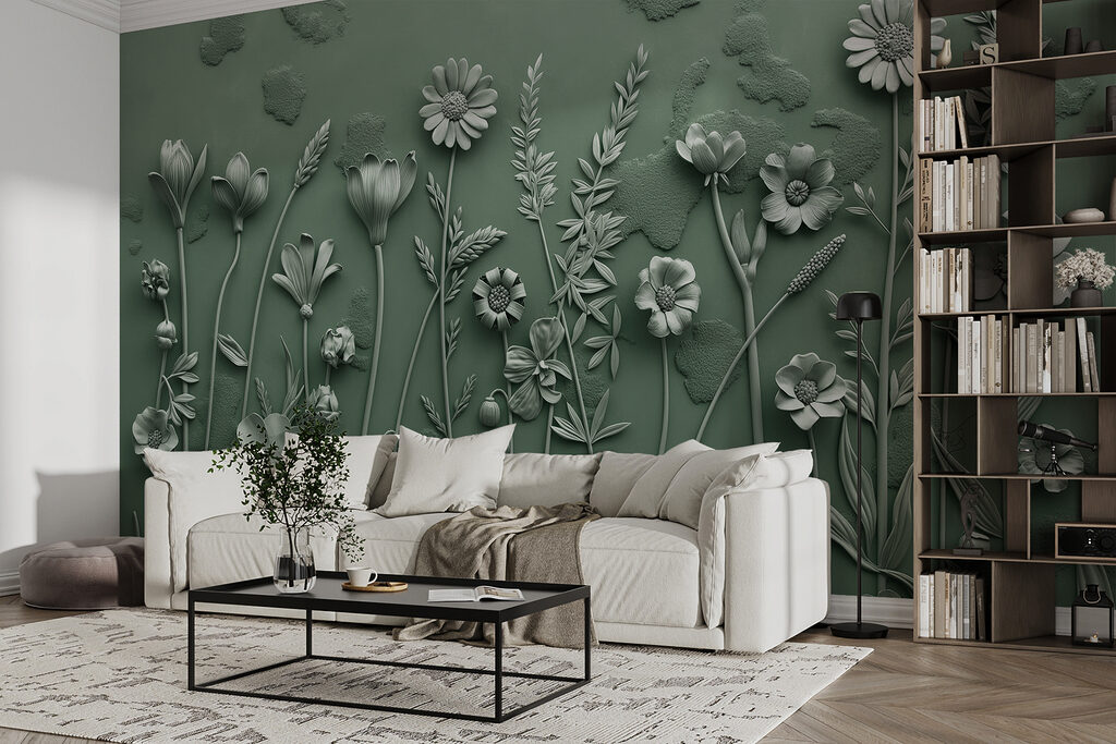 A grey sculpture of flowers and plants