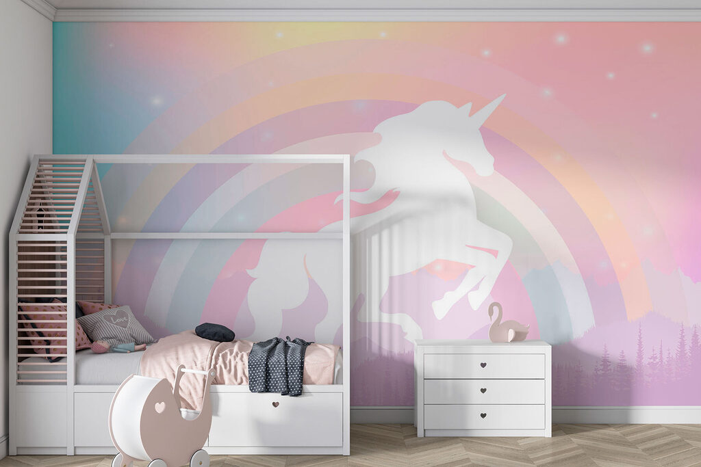 A unicorn with a rainbow and mountains