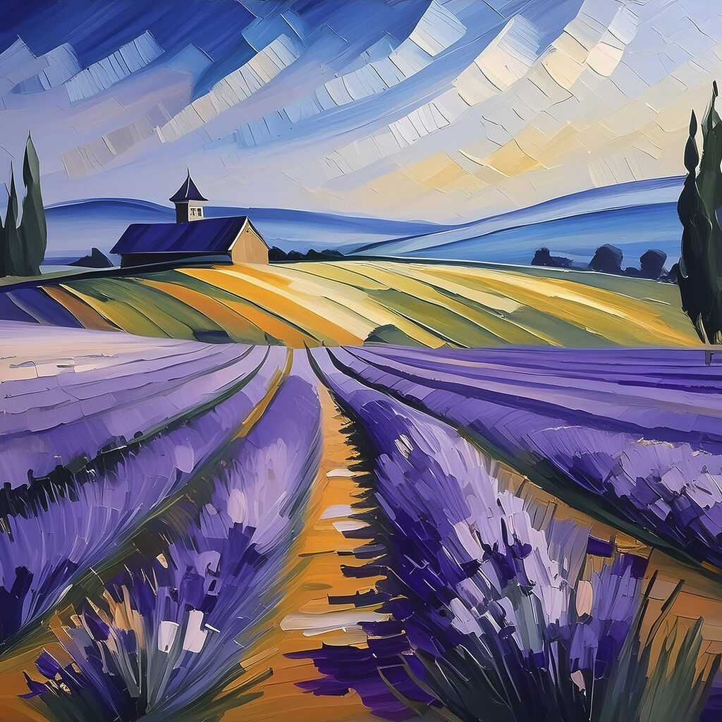 A painting of a field of lavender