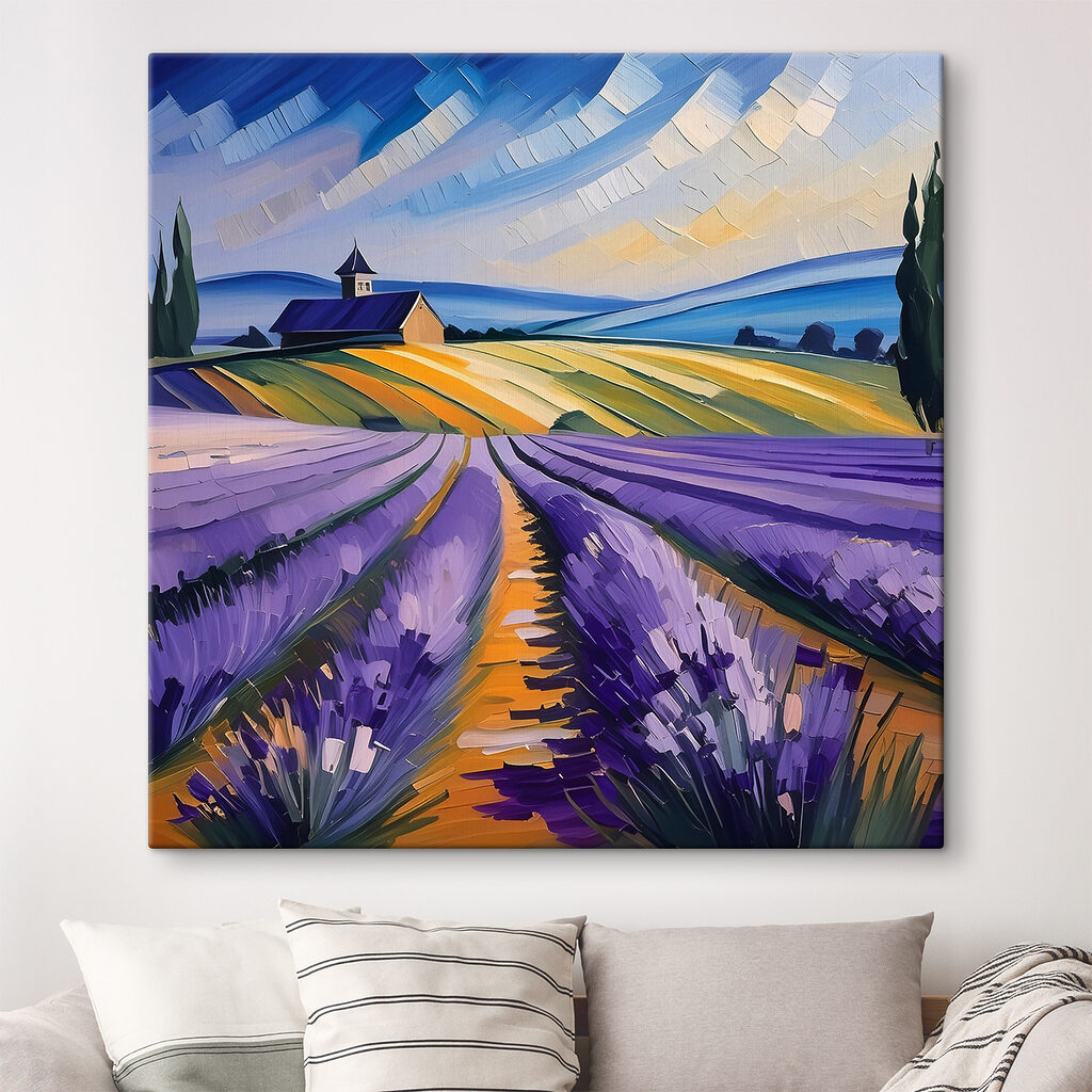 A painting of a field of lavender