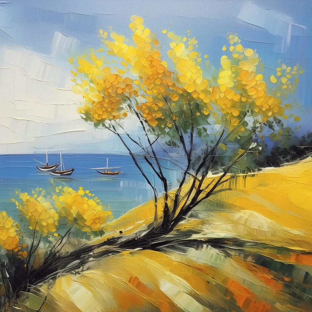 A painting of a yellow tree and boats in the water