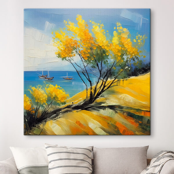 A painting of a yellow tree and boats in the water